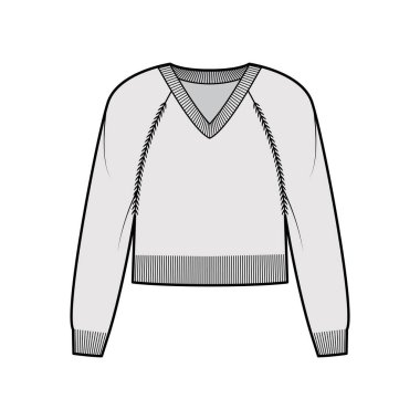 V yakalı süveter, uzun paçavra kollu, rahat, bel uzunluğunda, kaburga örgüsü kesimli teknik moda illüstrasyonunu kesmiş.
