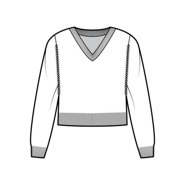 V yaka kesimli uzun kollu süveter teknik tasviri, rahat formda, bel uzunluğu, kaburga kesimi. Düz atlayıcı
