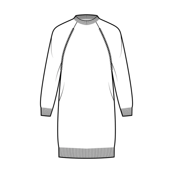 Φόρεμα ψαράς Φόρεμα πουλόβερ τεχνική απεικόνιση μόδας με crewneck, μακριά μανίκια raglan, μήκος ισχίου, πλεκτό τελειώματα. Επίπεδη — Διανυσματικό Αρχείο