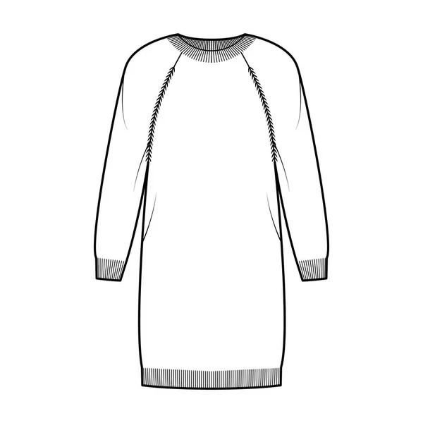 Vestido cuello redondo Ilustración técnica de moda suéter con mangas raglán largas, ajuste relajante, longitud de rodilla, ajuste de punto. Plano — Archivo Imágenes Vectoriales