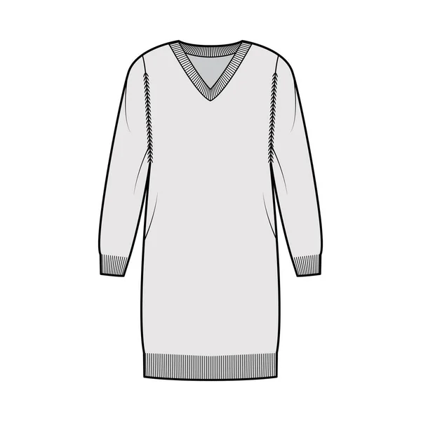 V-Ausschnitt Kleid Pullover technische Mode Illustration mit langen Ärmeln, entspannte Passform, knielang, Strickrippenbesatz Flachpullover — Stockvektor