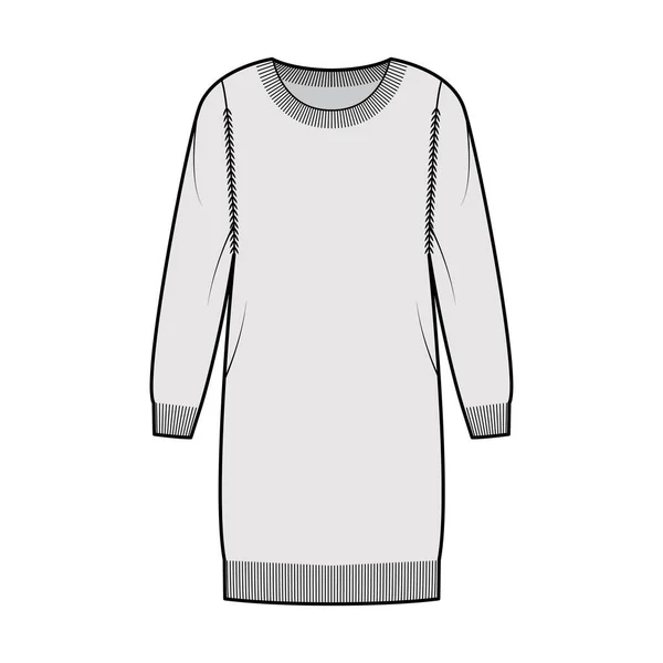 Abito Collo rotondo Maglione illustrazione tecnica di moda con maniche lunghe, corpo oversize, lunghezza del ginocchio, assetto costola maglia — Vettoriale Stock