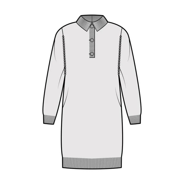 Dress Polo tröja teknisk mode illustration med henley hals, klassisk krage, långa ärmar, knälängd, stickad kant — Stock vektor