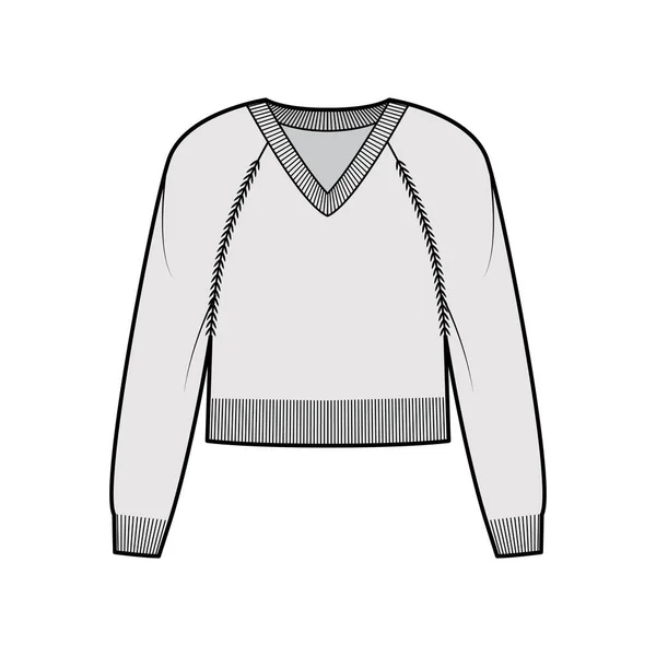 V-Ausschnitt Pullover beschnitten technische Mode Illustration mit langen Raglanärmeln, entspannte Passform, Taillenlänge, Strickrippenbesatz — Stockvektor