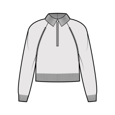 Fermuarlı kırpılmış süveter teknik moda illüstrasyonu kaburga boynu, klasik tasma, uzun paçavra kollu