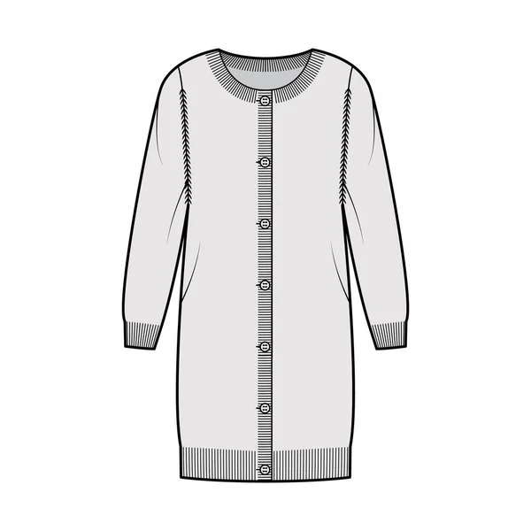 Robe col rond cardigan illustration de mode technique à manches longues, corps oversize, longueur de hanche, poignets côtelés tricotés — Image vectorielle