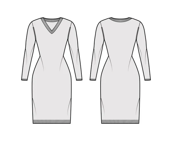 V-образный вырез платье Свитер техническая мода иллюстрация с длинными рукавами, стройная посадка, длина колена, трикотаж ребра Плоский джемпер — стоковый вектор