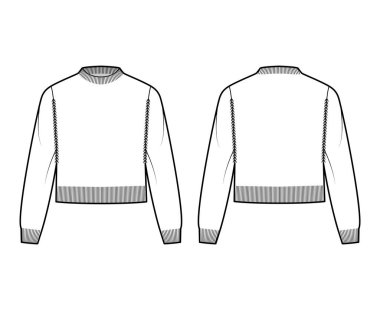 Balıkçı, süveter, uzun kollu, rahat vücutlu, bel uzunluğunda, teknik moda illüstrasyonunu kesmiş.