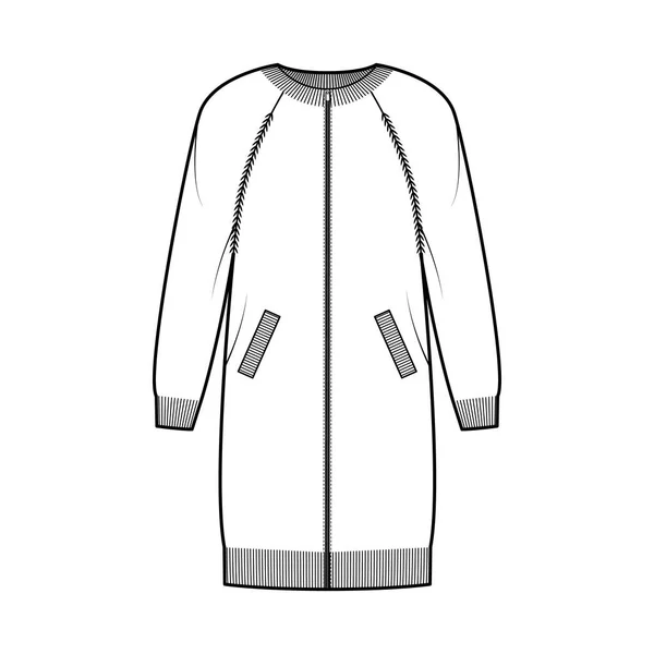 Chaqueta de vestir con cremallera Suéter ilustración técnica de moda con cuello redondo costilla, mangas largas raglán, de gran tamaño, bolsillo — Vector de stock