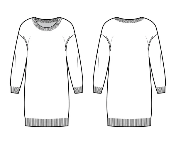 Vestido Cuello redondo Jersey técnica moda ilustración con caída de manga larga, relajar el cuerpo, longitud de la rodilla, rib trim — Vector de stock