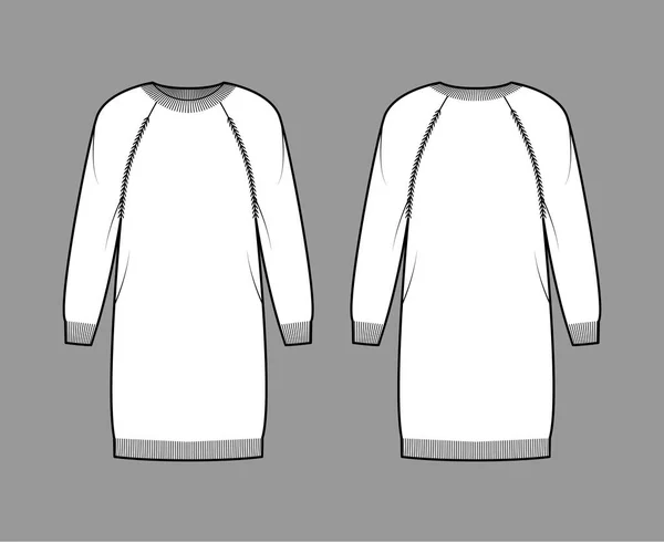 Сукня шиї екіпажу светр технічної моди ілюстрація з довгими рукавами ганчірки, розслабляюча посадка, довжина коліна, обробка ребер. Плоский — стоковий вектор
