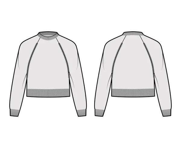 Beskuren Fisherman tröja teknisk mode illustration med crewneck, långa raglan ärmar, monterad kropp, midjelängd — Stock vektor