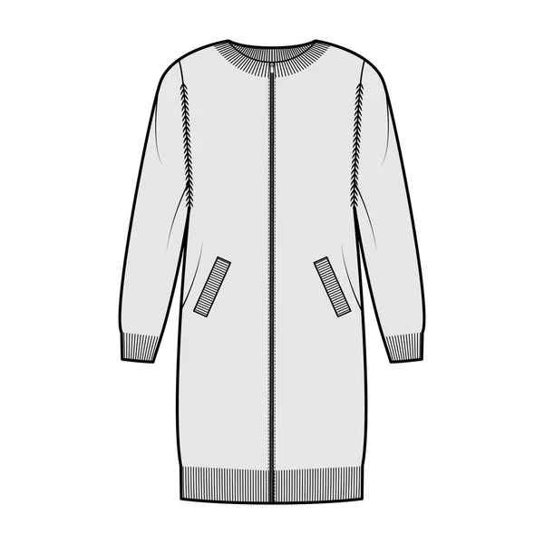 Zip-up vestido casaco de lã suéter técnica moda ilustração com costela tripulação pescoço, mangas compridas, corpo de grandes dimensões, tricô guarnição — Vetor de Stock