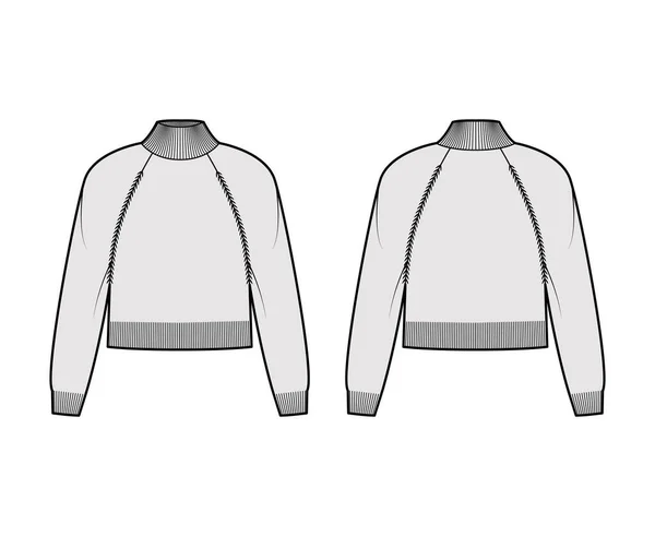 Turtleneck beskärd tröja teknisk mode illustration med långa raglan ärmar, slappna av kropp, midja längd, stickad kant — Stock vektor