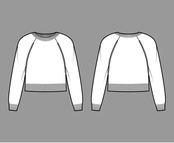 クルーネックセーターは、長いラグランスリーブ、リラックスフィット、腰の長さ、ニットリブトリムで技術的なファッションイラストをトリミング — ストックベクタ