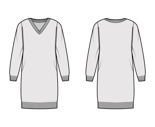 Vestido con cuello en V Jersey ilustración técnica de moda con mangas largas, ajuste relajante, longitud de rodilla, adorno de costilla de punto Jersey plano — Vector de stock