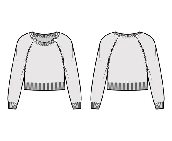 Rund hals tröja beskärd teknisk mode illustration med långa raglan ärmar, midja längd, stickad kant Platt tröja — Stock vektor