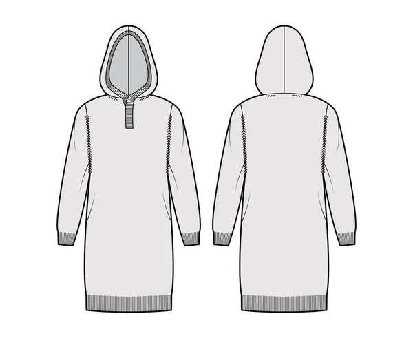 Kapuzenkleid Pullover technische Mode Illustration mit Rippen Henley Hals, lange Ärmel, entspannen fit, knielang, Rippenbesatz — Stockvektor