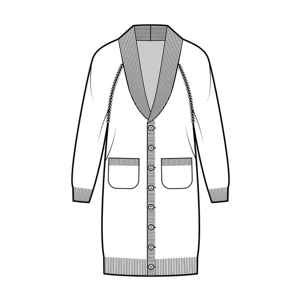 Cardigan Kleid Schalkragen Pullover technische Mode Illustration mit langen Raglanärmeln, übergroßer Körper, Strickbesatz — Stockvektor