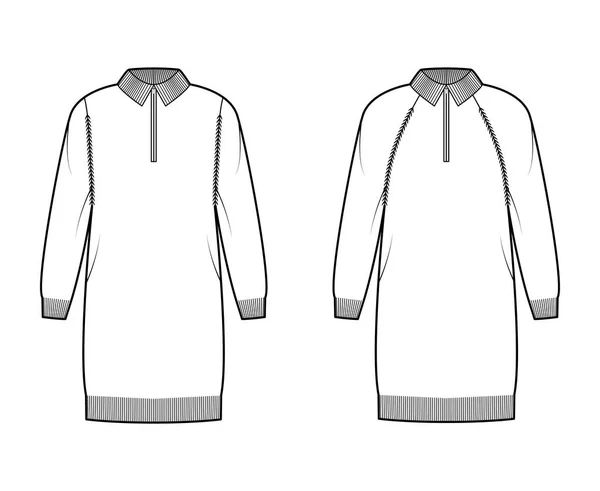 Set med Zip-up klänningar Tröjor teknisk mode illustration med ribba henley hals, långa raglan ärmar, överdimensionerade, trim — Stock vektor
