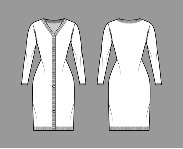 Sweter sukienka techniczna moda Ilustracja z żebra V - dekolt, długie rękawy, zamknięcie przycisku, szczupła dopasowanie, wykończenie — Wektor stockowy