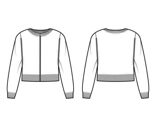 Zip-up kardigán vágott pulóver technikai divat illusztráció borda személyzet nyaka, hosszú ujjú, kötött szegély — Stock Vector