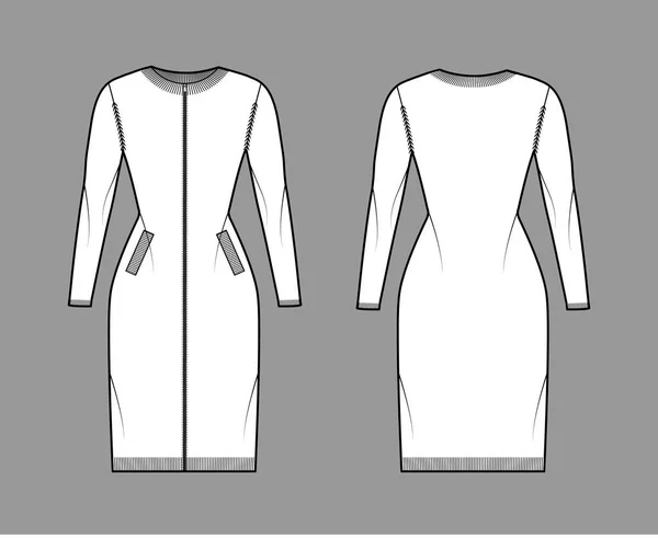 Zip-up φόρεμα ζακέτα πουλόβερ τεχνική εικόνα μόδας με λαιμό πλήρωμα πλευρά, μακριά μανίκια, εξοπλισμένο σώμα, πλεκτό τελειώματα — Διανυσματικό Αρχείο