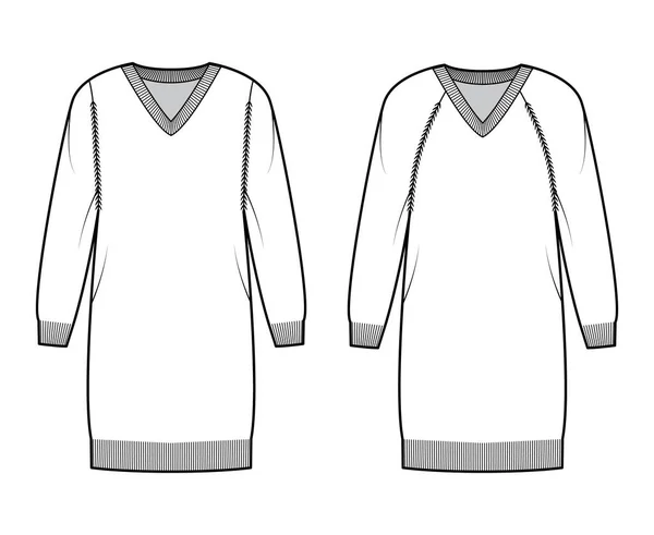 Комплект V-образного платья Свитера техническая мода иллюстрация с длинными рукавами реглана, расслабление, длина бедра, трикотаж — стоковый вектор