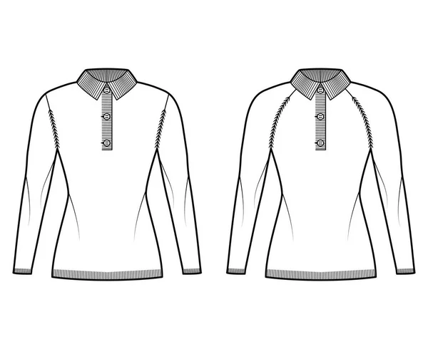 폴로 스웨터 세트의 기술적 패션 일러스트 갈비뼈 헨리 목, 고전적 인 칼라, 긴 라 글란 슬리브 장착 신체 — 스톡 벡터