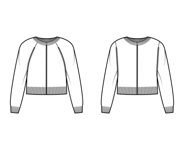 Set of Zip-up cropped cardigans Sweater technical fashion illustration with rib crew neck, knit trim, pockets — Stockvektor