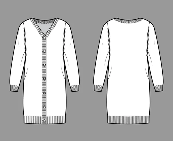 Кардиган сукня светр технічна модна ілюстрація з реберною V- шиєю, довгими рукавами, закриттям ґудзиків, розслаблюючою посадкою, оздобленням — стоковий вектор