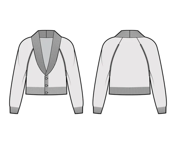 Beskuren Cardigan Sjal krage Tröja teknisk mode illustration med långa raglan ärmar, slappna av kropp, sticka trim — Stock vektor