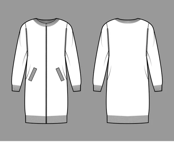 Zip-up сукня кардиган светр технічна мода ілюстрація з ребро екіпажу шиї, довгі рукави, велике тіло, в'язане оздоблення — стоковий вектор