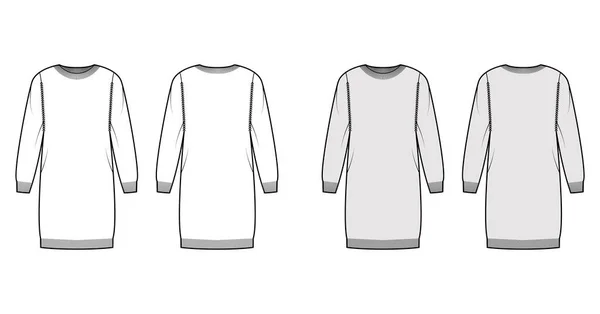 Vestido de pescoço de tripulação Suéter técnica moda ilustração com mangas compridas, relaxar em forma, comprimento do joelho, tricotar costela guarnição jumper —  Vetores de Stock
