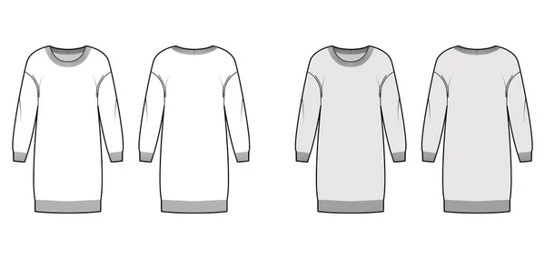 Šaty Kulatý krk Svetr technické módní ilustrace s upuštěnými dlouhými rukávy, relaxační tělo, délka kolena, žebra — Stockový vektor