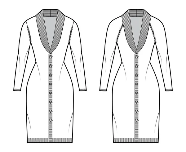 Set med Cardigans klänning Sjal krage Tröja teknisk mode illustration med ärmar, smal passform, knälängd — Stock vektor