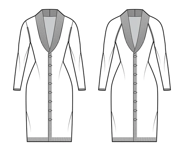 한 세트의 카디 안 드레스 샤 올 칼라스 위 터 기술 패션 일러스트 소매, 날씬 한 몸매, 무릎 길이 — 스톡 벡터