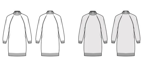 Vestido jersey de cuello alto ilustración técnica de moda con mangas largas raglán, cuerpo de gran tamaño, longitud de rodilla, ajuste de punto — Vector de stock