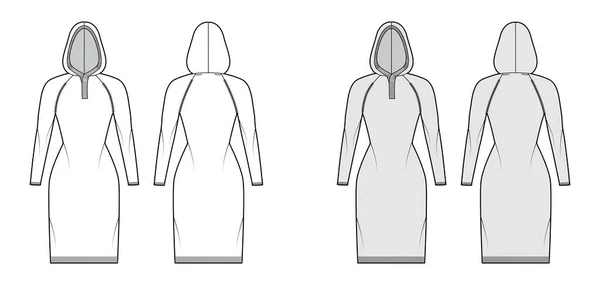 Kapuzenkleid Pullover technische Mode Illustration mit Rippenausschnitt, lange Raglanärmel, schlanke Passform, Knielänge, Rippenbesatz — Stockvektor