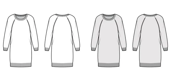 Ronde hals jurk Trui technische mode illustratie met lange raglan mouwen, oversized lichaam, knie lengte, rib trim — Stockvector