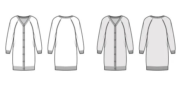 Jurk Vest Trui technische mode illustratie met rib V-hals, lange raglan mouwen, knoop sluiting, relax fit — Stockvector