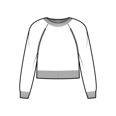 Tayfa boyunlu süveter uzun paçavra kollu, rahat formda, bel uzunluğunda, kaburga bukleli, teknik moda illüstrasyonunu kesti.