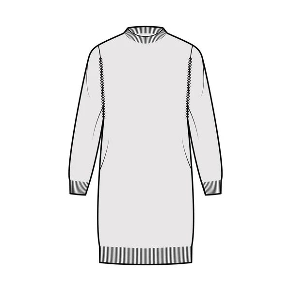 Dress Fisherman Sweater technical fashion illustration with crewneck, oversized body, knee length, knit trim. Flat — Stock Vector