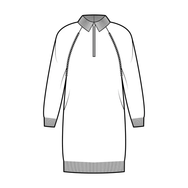 Sukienka Zip-up Sweter techniczny moda Ilustracja z żebra henley szyi, długi raglan rękaw, relaks ciała, długość kolana — Wektor stockowy