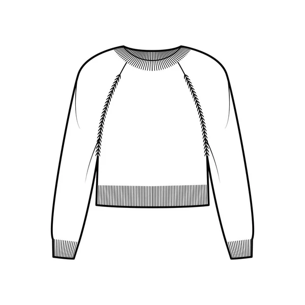 Col rond Pull recadré illustration de mode technique avec manches raglan longues, coupe relax, taille longue, bordure côtes tricotées — Image vectorielle