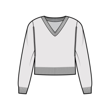 V yaka kesimli uzun kollu süveter teknik tasviri, rahat formda, bel uzunluğu, kaburga kesimi. Düz atlayıcı