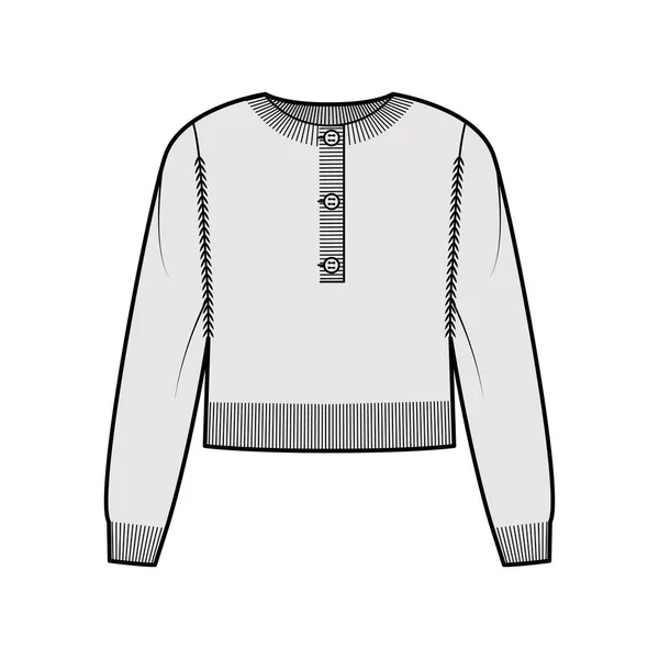 Pullover abgeschnitten Henley Hals technische Mode Illustration mit langen Ärmeln, entspannte Passform, Taillenlänge, Rippenstrickbesatz — Stockvektor