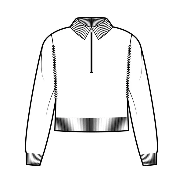 Beskuren Zip-up tröja teknisk mode illustration med ribba henley hals, klassisk krage, lång raglan ärm — Stock vektor