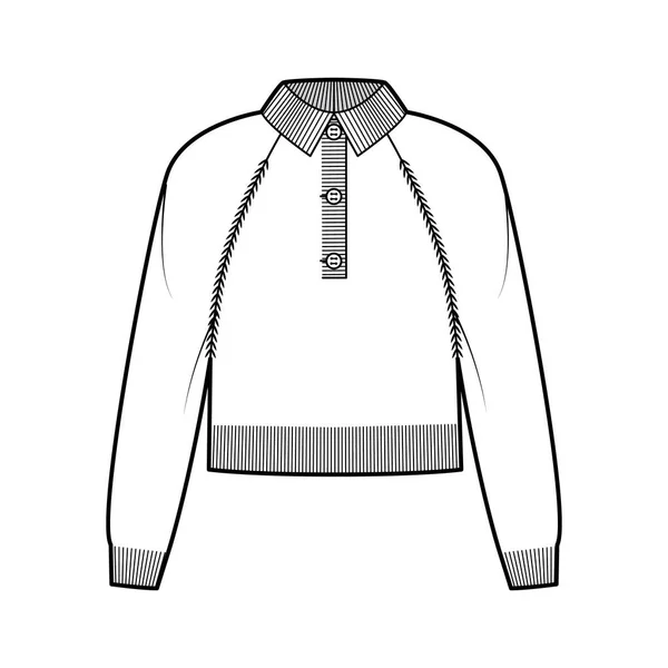 リブヘンリーネック、古典的な襟、長いラグランスリーブ、ヒップ長さとクロップポロセーター技術的なファッションイラスト — ストックベクタ