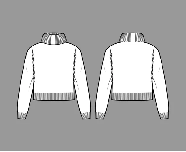 스웨터를 입은 선수가 긴 소매, 편안 한 자세, 허리 길이, 트림을 갖춘 터틀넥의 기술적 인 패션 삽화를 뽑았다 — 스톡 벡터